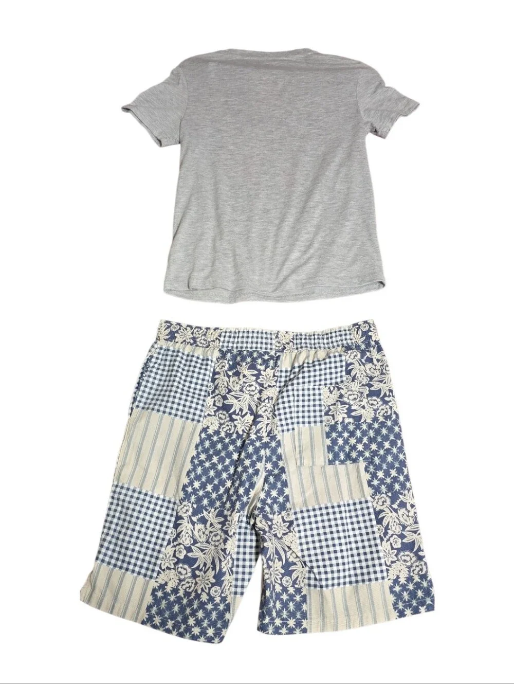#102 Kids Grey 'Merry & Bright' Short Sleeve And Short Set with Blue Patchwork .